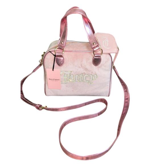 JUICY COUTURE PINK DIAMOND VELOUR STRING OF PEARLS RHINESTONE SATCHEL PURSE NWT - Picture 4 of 12